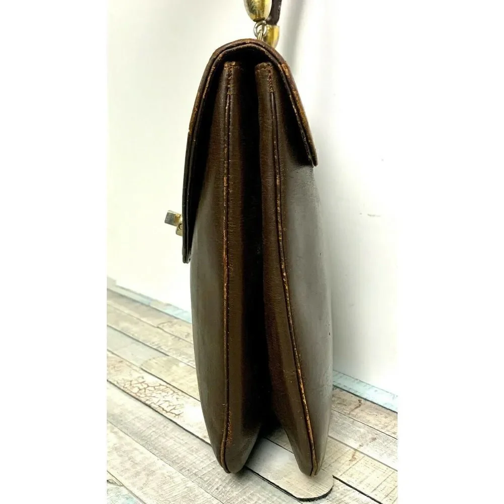 VINTAGE BROWN GENUINE LEATHER TURN LOCK FLAP TOP HANDLE HANDBAG PURSE
